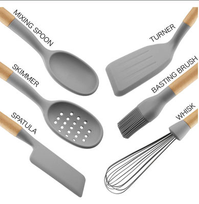 CU Approved Silicone Kitchen Utensil Sets , ODM Wooden Silicone Cooking Utensils