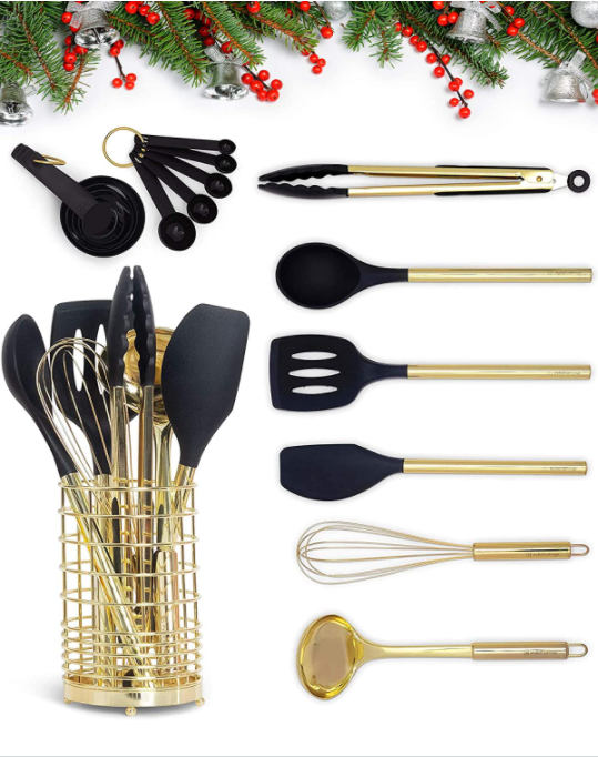 Les ustensiles noirs de cuisine d'or avec l'ensemble de batteries de cuisine d'or du support 17PC d'ustensile d'or en métal inclut la tasse de mesure noire d'or