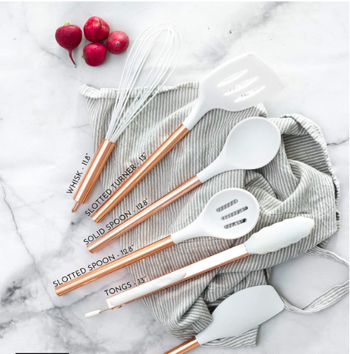 Silicone blanc et batteries de cuisine de cuivre pour la cuisson moderne et servir, ustensiles servants acier-cuivre inoxydables spatule idéale