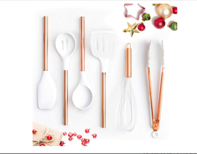 Silicone blanc et batteries de cuisine de cuivre pour la cuisson moderne et servir, ustensiles servants acier-cuivre inoxydables spatule idéale