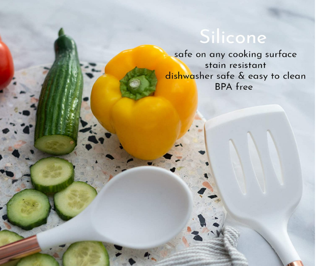 Silicone blanc et batteries de cuisine de cuivre pour la cuisson moderne et servir, ustensiles servants acier-cuivre inoxydables spatule idéale